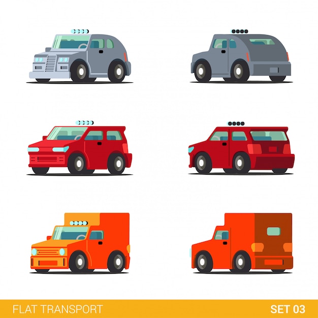 Free vector van hatchback truck delivery car funny transport flat  set