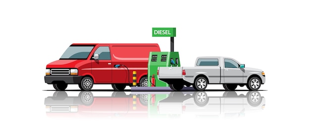 Free vector van and pick-up car park to filling up at diesel fuel station