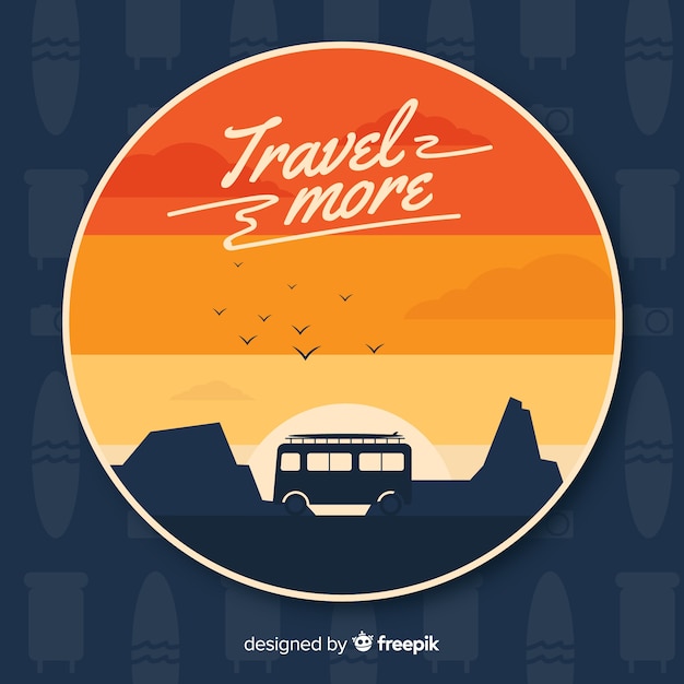 Free vector van through the mountains in the sunset background