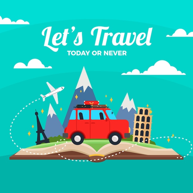 Free vector van traveling on a book background