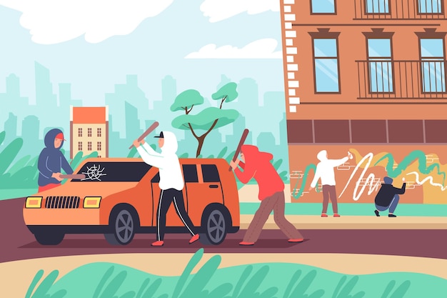 Vandalism flat composition with outdoor urban street landscape and group of teenagers beating car painting walls illustration