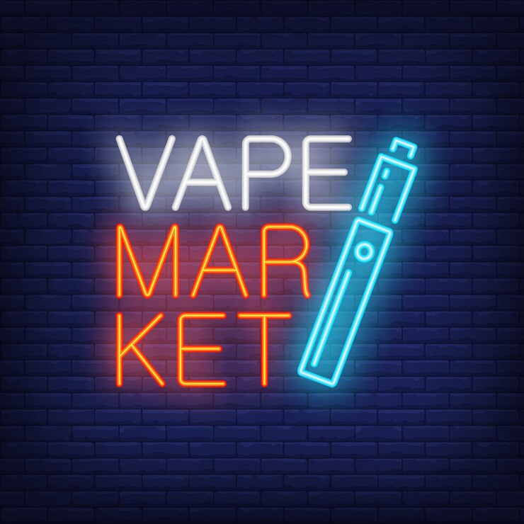 Бесплатный Вектор неоновый знак vape. яркая синяя сигарета на темной кирпичной стене.