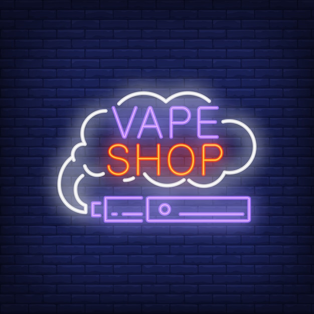 Vape shop neon sign. e-cigarette with smoke cloud. night bright advertisement.