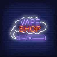 Free vector vape shop neon sign. e-cigarette with smoke cloud. night bright advertisement.