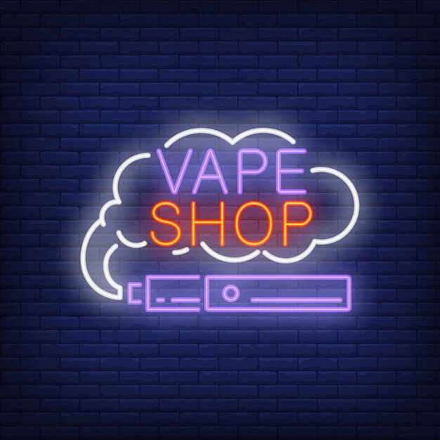 Vape shop neon sign. E-cigarette with smoke cloud. Night bright advertisement.