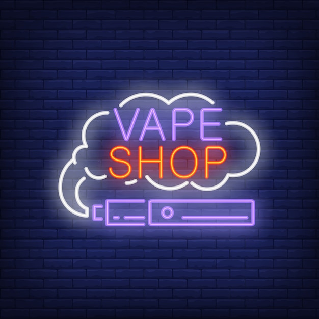 Винный магазин неоновый знак. Электронная сигарета с дымным облаком. Ночная яркая реклама.