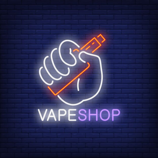 Vape shop neon sign. Hand holding electronic cigarette on brick wall. 