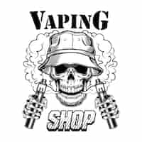 Vettore gratuito illustrazione di vettore del negozio di vape. teschio di vaper hipster alla moda con sigarette elettroniche e vapore