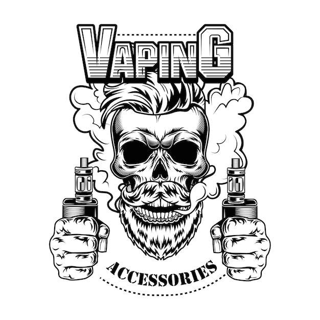 Vapingアクセサリーベクトルイラスト。電子タバコと蒸気で流行の流行に敏感なひげを生やした頭蓋骨