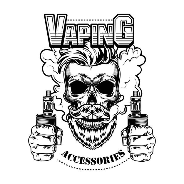 Vaping аксессуары векторные иллюстрации. Модный хипстерский бородатый череп с электронными сигаретами и паром