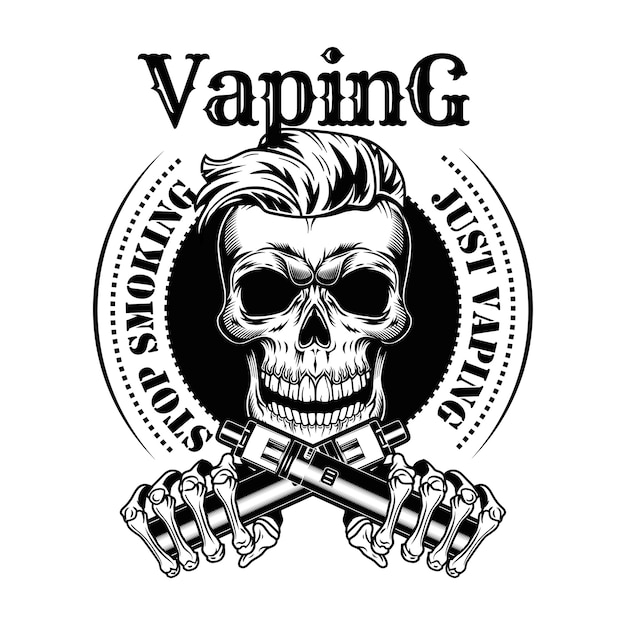 Vaping 해골 벡터 일러스트입니다. 니코틴 무료 담배, 스탬프 및 금연 텍스트가있는 트렌디 한 힙 스터 수염 문자