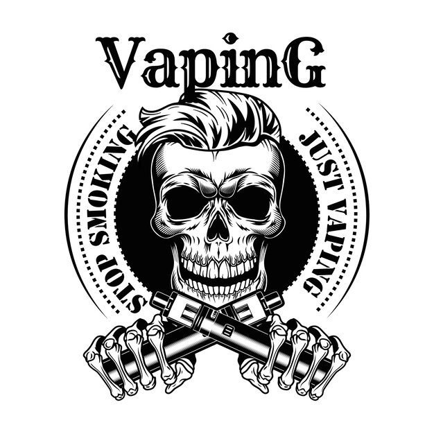 Vaping 해골 벡터 일러스트입니다. 니코틴 무료 담배, 스탬프 및 금연 텍스트가있는 트렌디 한 힙 스터 수염 문자