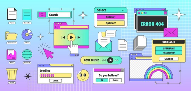 Vaporwave retro pc desktop with user interface elements in y2k style