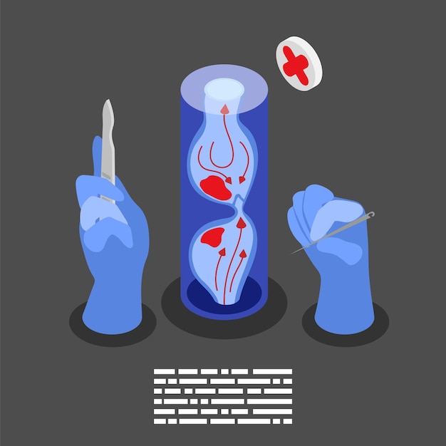 Free vector varicose isometric background composition with medical pictograms hands with knives in rubber gloves and vein structure vector illustration