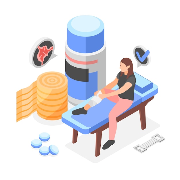 Varicose isometric composition with view of female patient wearing bandage on her leg with pills pack vector illustration