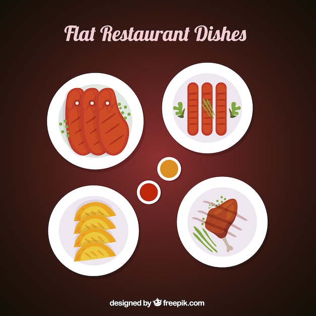 Разнообразные блюда ресторана плоский стиль