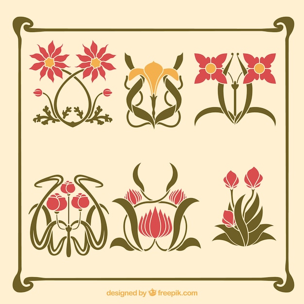 Variety of artistic flowers in art nouveau style