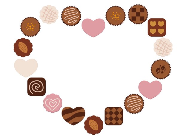 흰색 배경에 격리된 발렌타인 데이 HeartShape 프레임으로 배열된 다양한 초콜릿