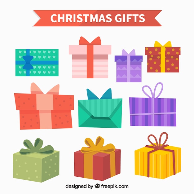 Разнообразие рождественских подарочных коробок в плоском дизайне