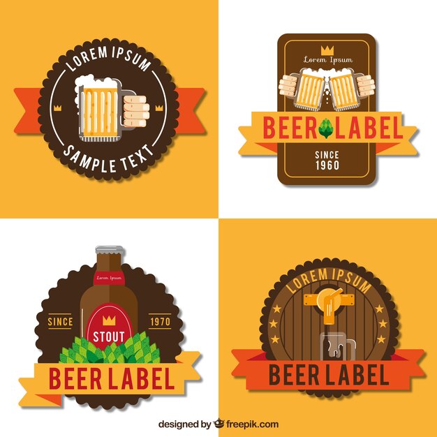 Variety of colored beer stickers in flat design