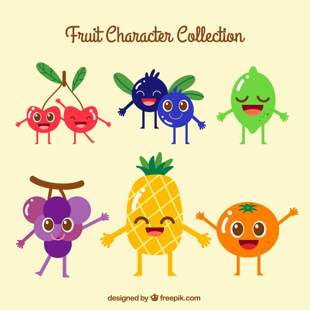 Variety of colored fruit characters smiling