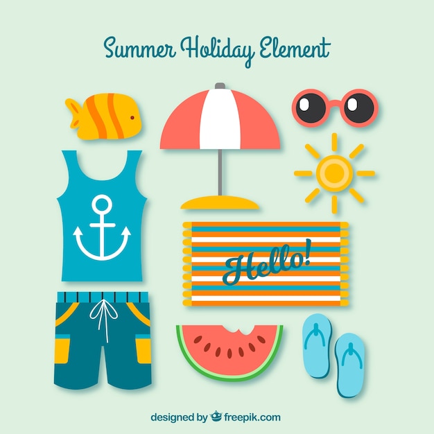 Variety of colored summer elements in flat design