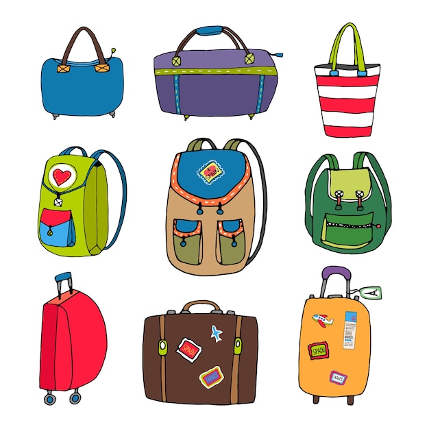 Free vector variety colorful luggage  bags  backpacks and suitcases  isolated