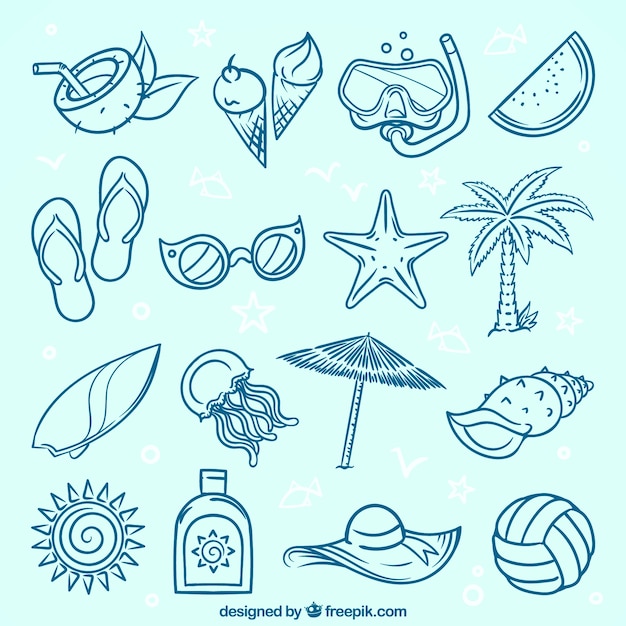 Variety of decorative summer items in hand-drawn style