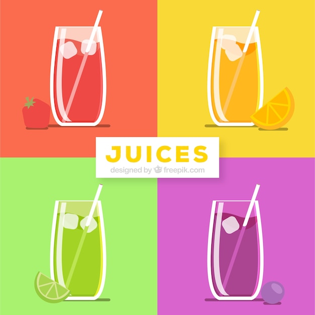 Разнообразие вкусных фруктовых соков в плоском дизайне