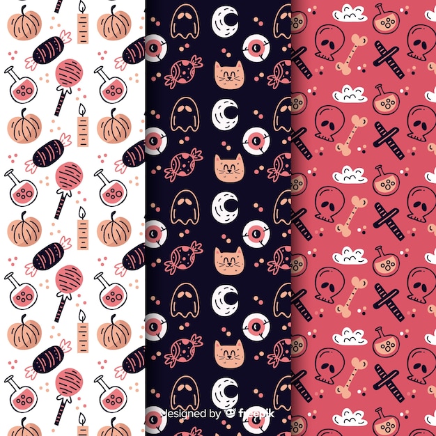 Variety of elements with cat and skull seamless pattern
