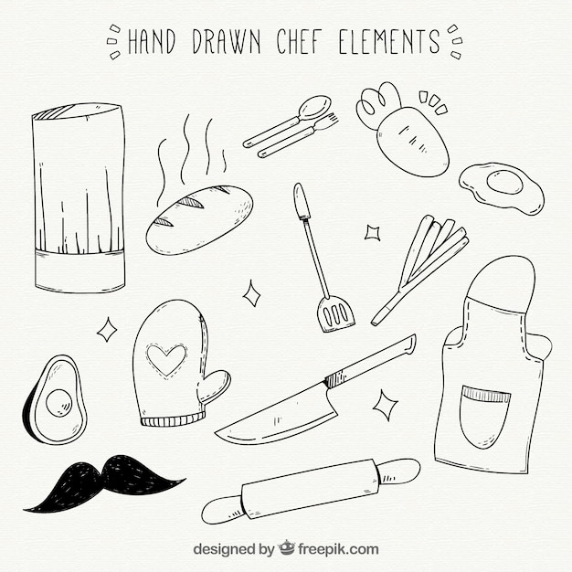 Varietà di grandi oggetti chef disegnati a mano