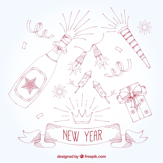 Variety of hand drawn new year party ornaments