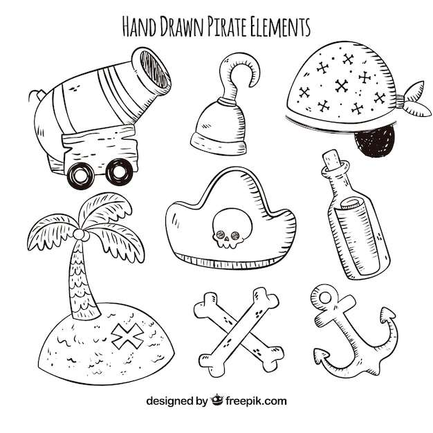 Variety of hand-drawn pirate items