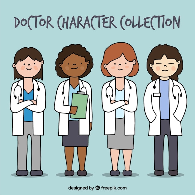 Free vector variety of hand drawn smiley female doctors