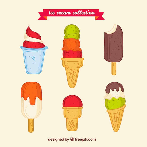 様々な手描きのおいしいアイスクリーム