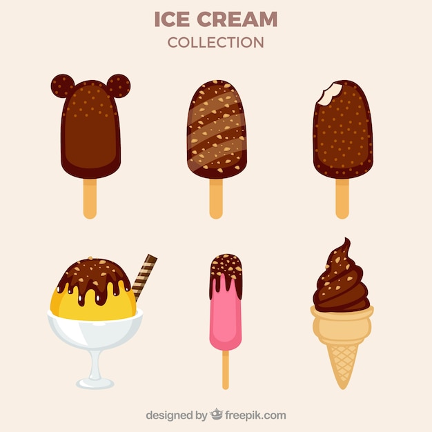 Variety of ice creams with chocolate