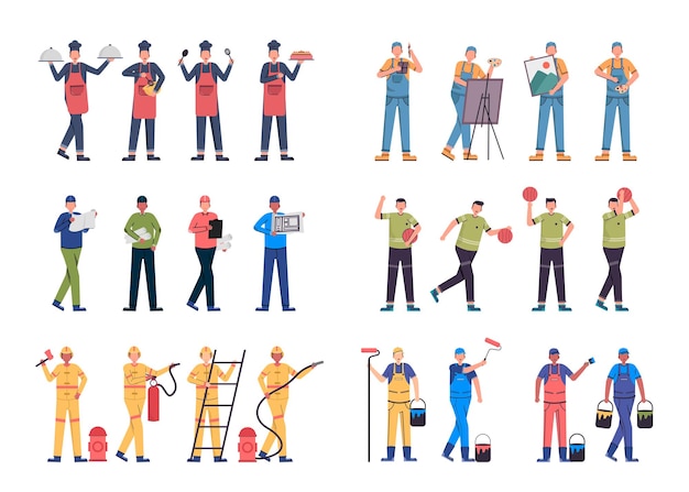 Free vector a variety of job bundles for hosting illustration work such as chef, artist, operator, sportsman, firefighter, painter