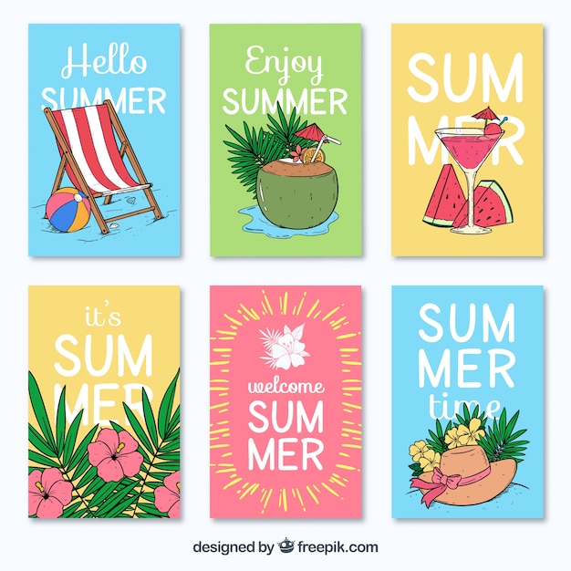様々な手描きの夏のカード