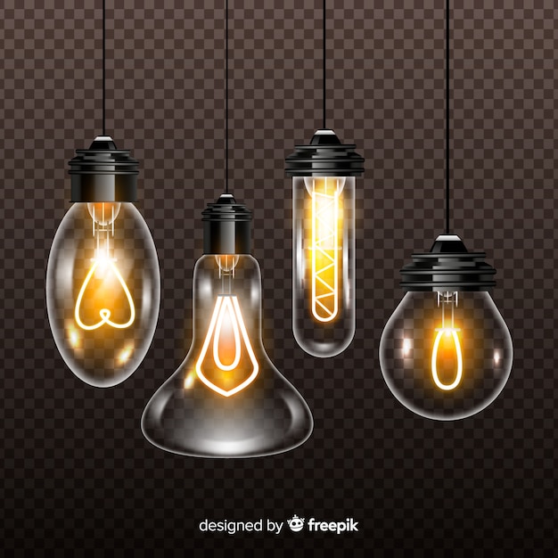 Free vector variety of realistic light bulbs on transparent background