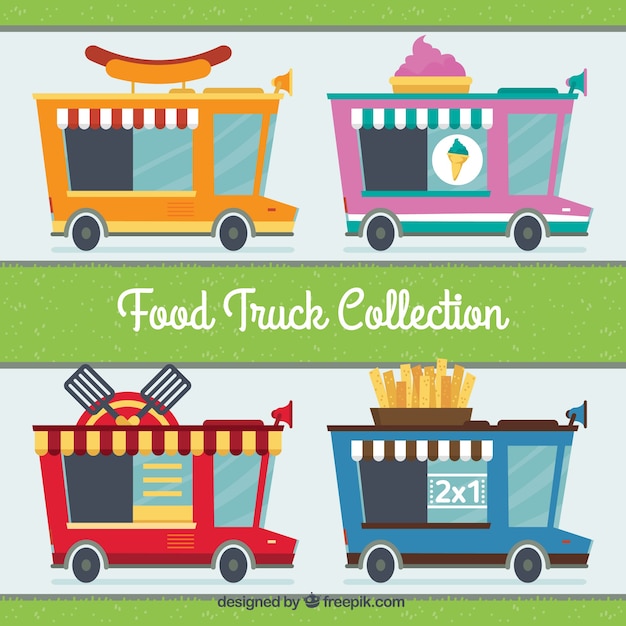 Variety of retro food trucks in flat style