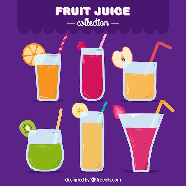 Variety of six fruit juices in hand-drawn style