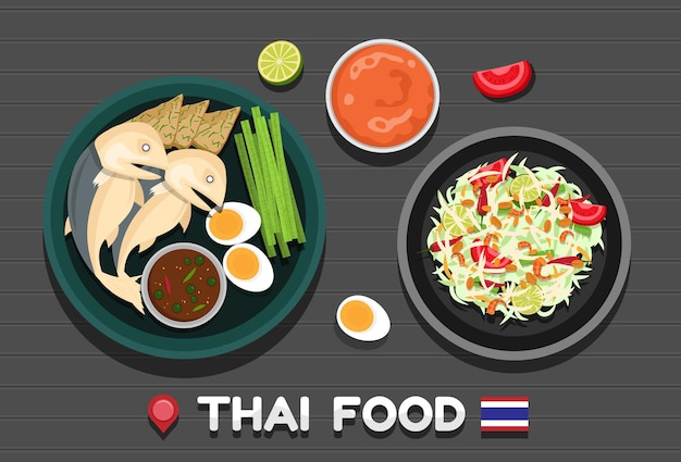 Free vector variety of thai food mackerel chili paste papaya salad thai food on the table
