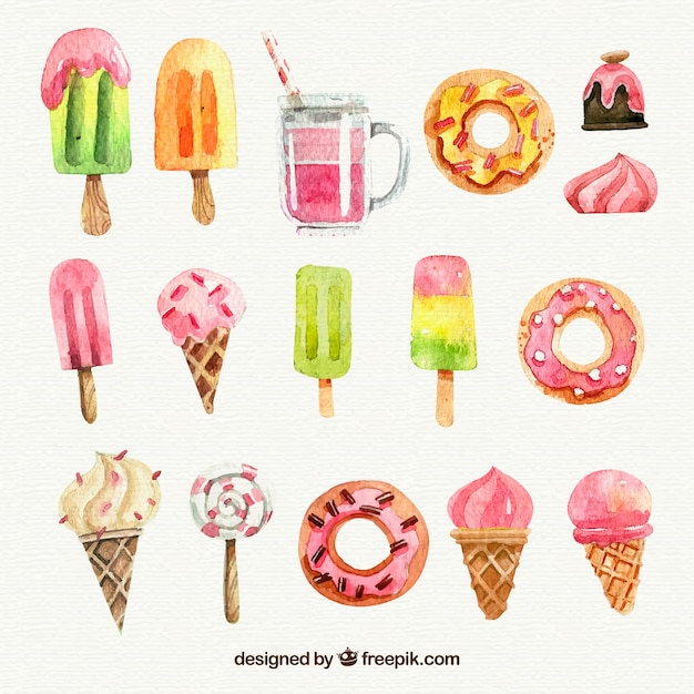 Variety of watercolor ice-cream and pastry