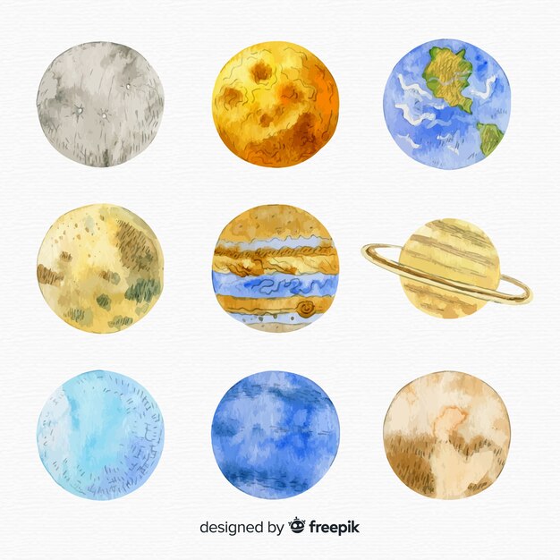 Variety of watercolour planet collection