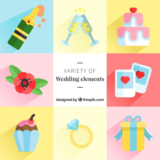 フラットデザインの結婚式の要素の様々な