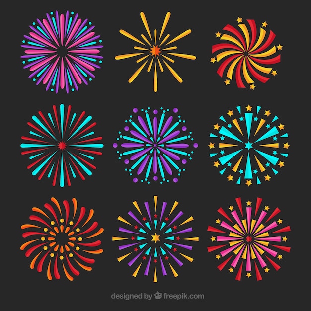 Various abstract fireworks in flat design
