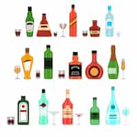 Free vector various alcohol bottles with glasses cartoon illustration set
