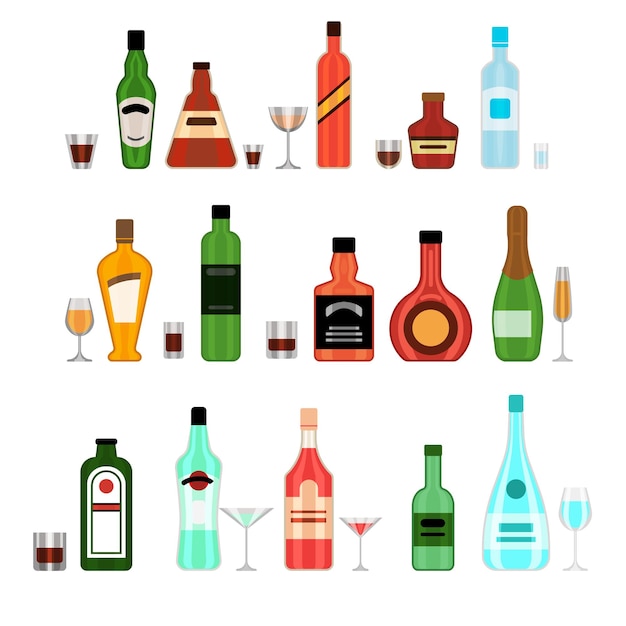 Various alcohol bottles with glasses cartoon illustration set