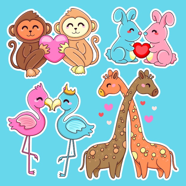 Various animal couples and hearts