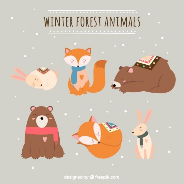 Free vector various animals of the forest in the winter season